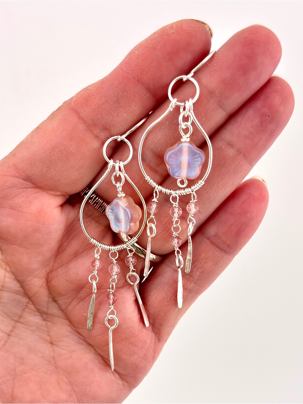 HANDMADE Floral Silver Filled Chandelier Earrings, Artisan Jewelry Gift for Her